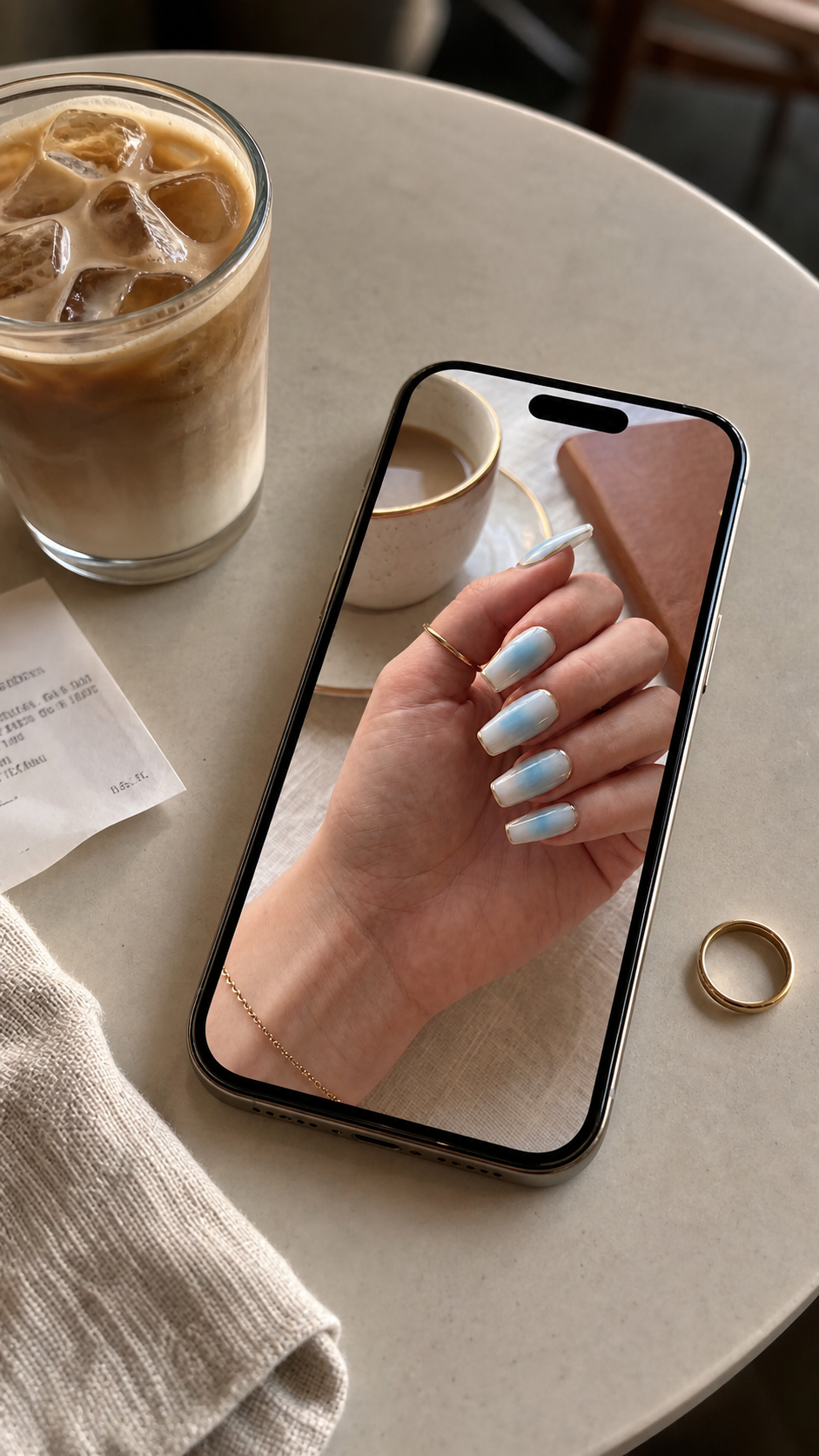Cafe table review scene with hand nail creator photo